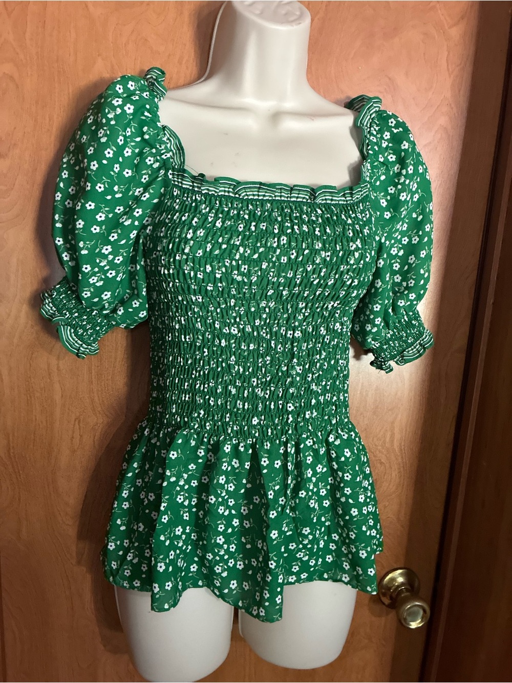 Green Floral Smocked Peplum Top
